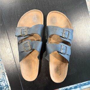 Double Buckle Slide Sandals in Black with Tan Footbed nautica